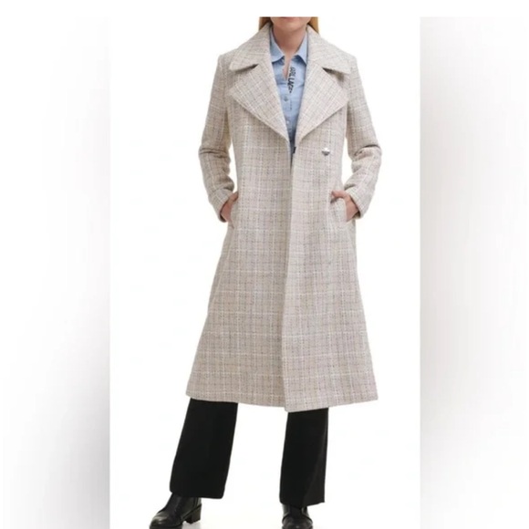 Karl Lagerfeld Cream Plaid Pea Coat - Picture 2 of 16